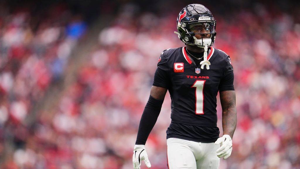 HOUSTON, TX - OCTOBER 27: Stefon Diggs #1 of the Houston Texans walks down the field against the Indianapolis Colts during the first half of an NFL football game at NRG Stadium on October 27, 2024 in Houston, Texas. (Photo by Cooper Neill/Getty Images)