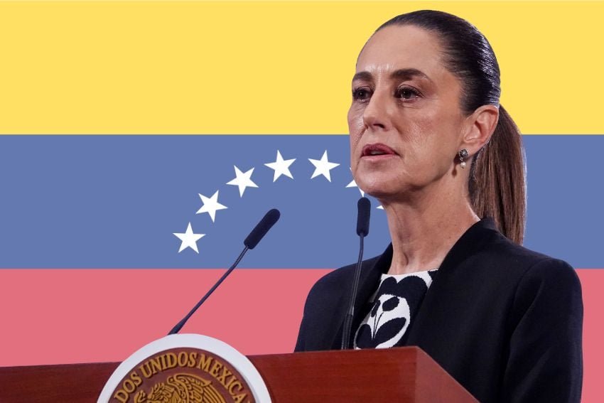 Sheinbaum juxtaposed with a Venezuela flag in the background