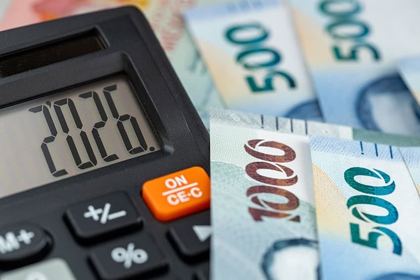 mexican pesos and a calculator with the number 2026